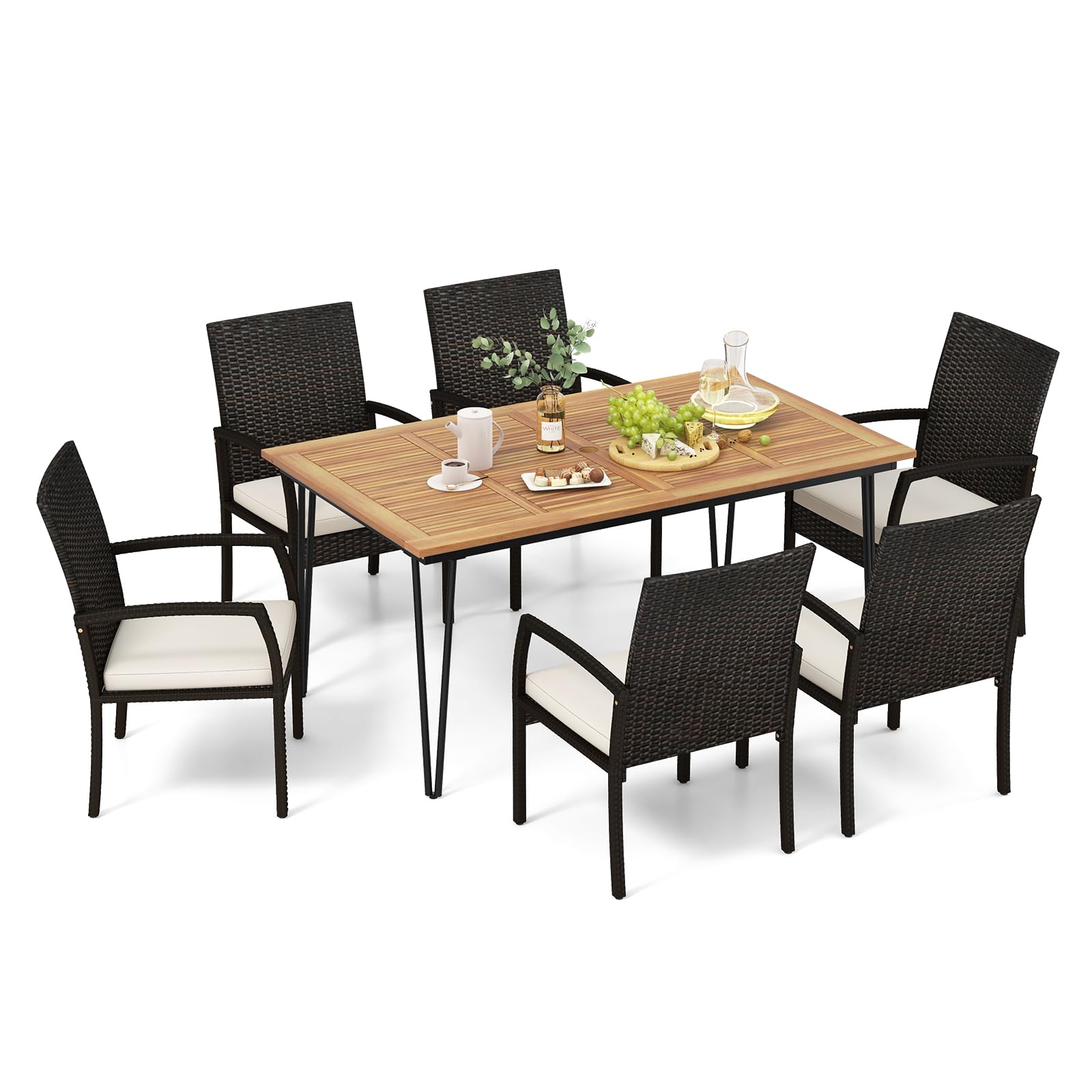 Tangkula 7 Pieces Patio Dining Set with Acacia Wood Dining Table